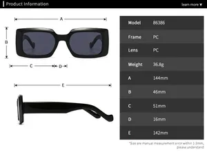 Tableau détaillé des tailles de lunettes de soleil rectangulaires avec mesures du cadre
