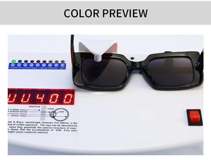 Détail du test de protection UV400 pour lunettes de soleil carrées avec monture noire