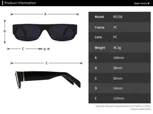 Detailed size chart for RS158 rectangular sunglasses showing 140mm frame width and specs