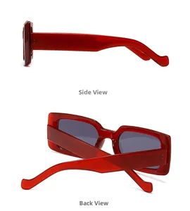 Détails des côtés et de l'arrière de lunettes de soleil carrées vintage rouges à branches larges