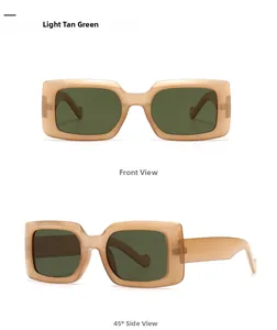 Détails de lunettes de soleil rectangulaires marron clair avec des verres vert foncé
