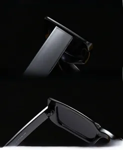 Détail des charnières de qualité et des verres anti-UV sur lunettes de soleil carrées noires