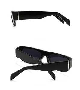 Detailed side and back views of black rectangular sunglasses with wide temples