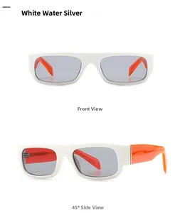 Front and side view of white rectangle sunglasses with vibrant orange temples and silver lenses