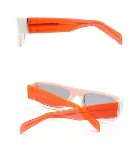 Side and back view of retro rectangular sunglasses with white frame and orange temples