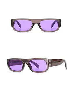Detail view of rectangular sunglasses in grey frame and violet lenses from two angles