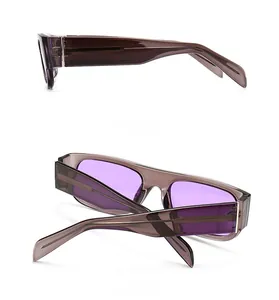 Side and back view of retro rectangle sunglasses with brown frames and purple lenses