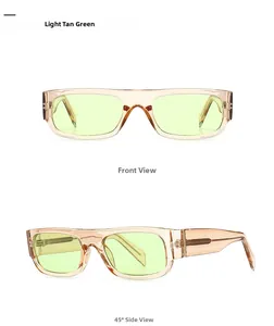 Close-up of light tan rectangular sunglasses with green lenses from front and side angles