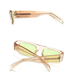 Side and back views of trendy rectangle sunglasses with orange frames and yellow lenses