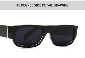 Modern black frame sunglasses featuring silver metal hinge accents in 45-degree side view