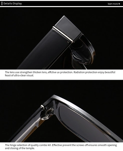 Detailed close-up of premium UV protection lenses and durable metal hinges on black sunglasses