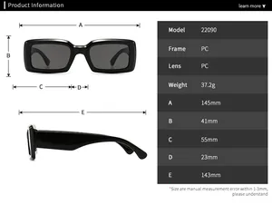 Detailed size chart for retro rectangular sunglasses with frame and lens dimensions