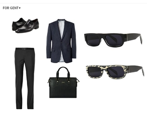Flat lay of business suit, leather shoes, briefcase and square frame sunglasses