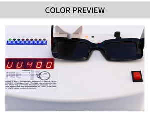 Detailed view of black square sunglasses showing UV400 protection test results