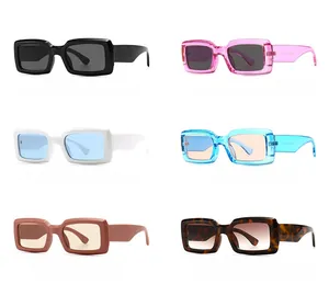 Detailed grid of retro rectangular sunglasses in multiple colors with thick acetate frames