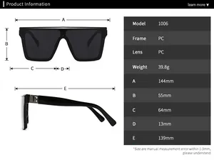 Detailed sizing chart and specifications for oversized flat top square sunglasses model 1006