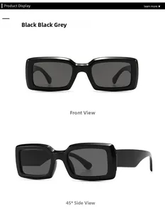 Front and side view of retro rectangular black sunglasses with grey lenses