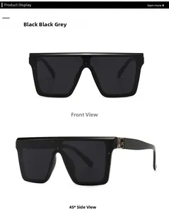Detail view of oversized flat top square sunglasses with silver metal temple accents