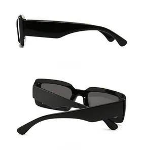 Side and back views of black rectangular sunglasses featuring wide temples and dark lenses