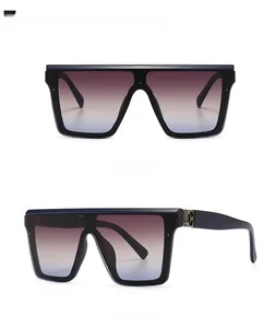 Detail of square sunglasses with blue violet gradient lenses and metal temple hinges