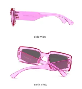 Detailed side and back view of rectangular pink sunglasses with lens specifications