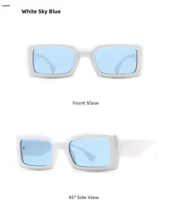 Front and 45-degree side view of retro square sunglasses in white with light blue lenses