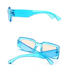 Side and back view of rectangular sunglasses with blue frames and orange lenses