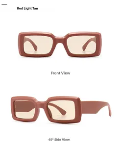 Front and 45-degree side views of retro rectangle sunglasses in red light tan