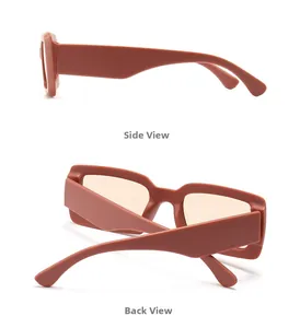 Side and back view of retro rectangular sunglasses with matte red-brown wide temples