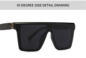 Side view of flat top oversized sunglasses with silver geometric hinge detail
