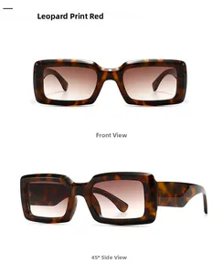 Detailed front and side view of leopard print rectangular sunglasses with gradient red lenses