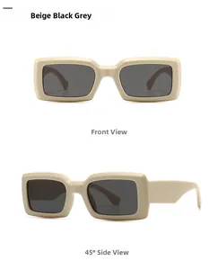 Front and side view of trendy beige rectangle sunglasses with dark lenses for women