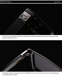 Macro detail of high-quality metal hinges and size specs on classic black sunglasses