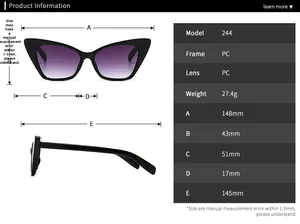 Detailed size chart for retro cat eye sunglasses showing PC frame dimensions and weight