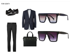 Business style layout with leather shoes, briefcase and oversized square sunglasses
