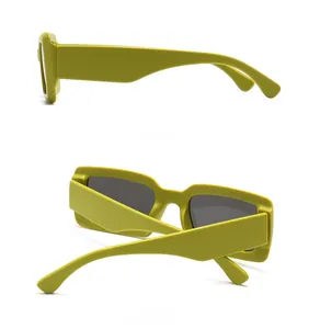 Detailed side and back views of retro chunky olive green frame fashion sunglasses