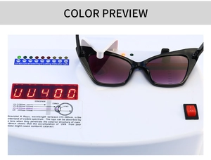 Detail showing UV400 protection test for narrow cat eye sunglasses with purple gradient lenses