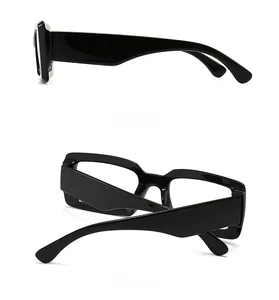 Side and back view of retro black rectangle sunglasses with thick glossy resin frames