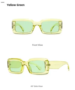 Front and side view of retro yellow-green thick frame rectangular sunglasses