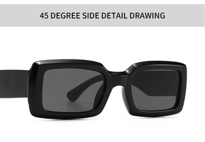 Detailed 45-degree side view of vintage black square frame sunglasses with dark lenses