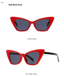 Detailed views of vintage red cat eye sunglasses with dark lenses from two angles
