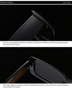 Detail view of premium metal hinges and specifications on modern black sunglasses frame