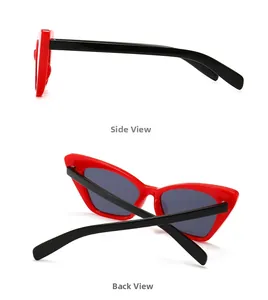 Detailed side and back view of narrow red cat-eye sunglasses with black temples