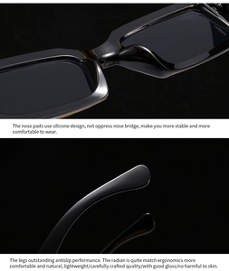 Macro view of soft silicone nose pads and ergonomic temple tips on black sunglasses