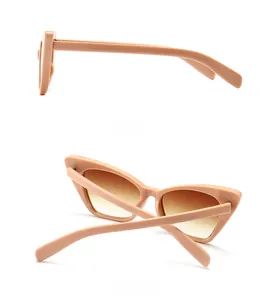 Detailed side and back view of retro narrow cat eye sunglasses in nude beige finish