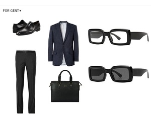 Flat lay of men's business set with navy striped blazer, black shoes, and briefcase