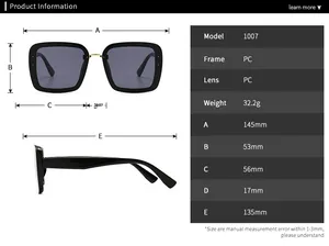Detailed size chart of square fashion sunglasses with precise dimensions and weight specs