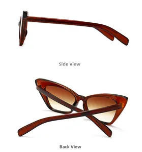 Detail view of tortoiseshell cat eye sunglasses with brown gradient lenses and side arms