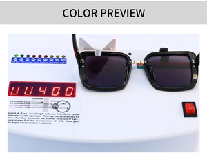 Close-up of square black sunglasses undergoing professional UV400 protection testing
