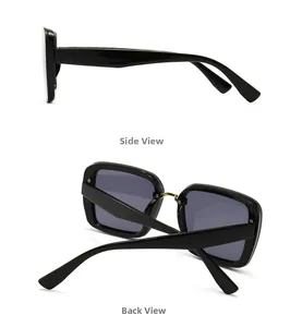 Detailed side and back views of large black square sunglasses with gold metal accents